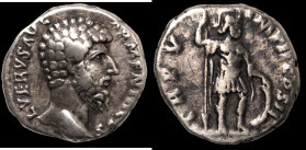 Lucius Verus. (163-164 AD). Denar. (16mm, 3,21g) Rome. Obv: L VERVS AVG ARMENIACVS. draped bust of Lucius Verus right. Rev: TR P IIII IMP II COS II. M...
