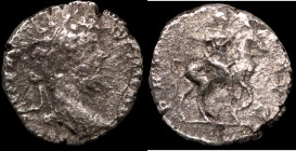 Septimius Severus. (197 AD). Denar. (17mm, 1,32g) Rome. Obv: laureate bust of Septimius Severus right. Rev: Septimius Severus riding horse right holdi...