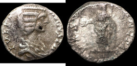 Julia Domna. (197 AD). Denar. (15mm, 2,81g) Rome. Obv: IVLIA AVGVSTA. draped bust of Julia Domna right. Rev: VESTA SANCTAE. Vesta standing left holdin...