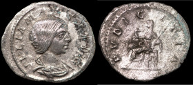 Julia Maesa. (218-222 AD). Denar. (17mm, 2,19g) Rome. Obv: IVLIA MAESA AVG. draped bust of Julia Maesa right. Rev: PVDICITIA. Pudicitia sitting left h...