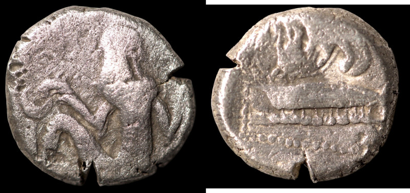 (380-350 BC). AR Third Stater. (13mm, 3,16g) Arados. Obv: sitting marine deity l...