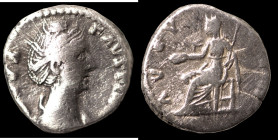 Faustina I. maior (141 AD). Denar. (16mm, 3,33g) Rome. Obv: DIVA FAVSTINA. draped bust of Faustina right. Rev: AVGVSTA. Vesta sitting left holding sce...