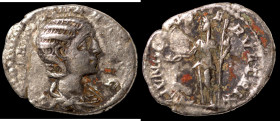Julia Mamaea. (235 AD). Denar. (17mm, 2,69g) Rome. Obv: IVLIA MAMAEA AVG. draped bust of Julia Mamaea right. Rev: IVNO CONSERVATORIX. Juno standing le...