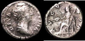 Faustina I. maior (141 AD). Denar. (16mm, 2,86g) Rome. Obv: DIVA FAVSTINA. draped bust of Faustina right. Rev: AVGVSTA. Vesta sitting left holding sce...