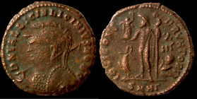 Licinius II. (317-324 AD). Follis. (19mm, 2,65g) Antioch. Obv: D N VAL LICIN LICINIVS NOB C. helmeted and cuirassed bust holding spear and shield left...