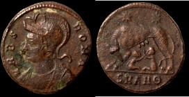 Constantinus I. (306-337 AD). Æ Follis. (18mm, 2,66g) Antioch. Obv: VRBS ROMA. helmeted bust of Constantinus I. left. Rev: Romulus and Remus.