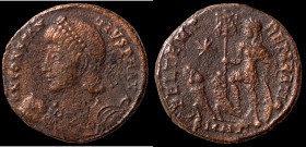 Constantinus II. (337-361 AD). Follis. (20mm, 4,43g) Antioch. Obv: D N CONSTANTIVS P F AVG. diademed bust of Constantinus left holding globe. Rev: FEL...