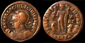 Licinius II. (317-324 AD). Follis. (19mm, 2,72g) Antioch. Obv: D N VAL LICIN LICINIVS NOB C. helmeted and cuirassed bust holding spear and shield left...