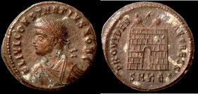 Constantinus I. (307-337 AD). Follis. (18mm, 3,26g) Antioch. Obv: CONSTANTINVS AVG. laureate bust of Constantinus left. Rev: PROVIDENTIAE CAESS. Campg...