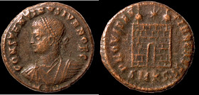Constantinus I. (307-337 AD). Follis. (17mm, 3,16g) Antioch. Obv: CONSTANTINVS AVG. laureate bust of Constantinus left. Rev: PROVIDENTIAE CAESS. Campg...