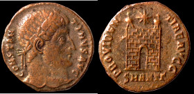 Constantinus I. (307-337 AD). Follis. (19mm, 2,87g) Antioch. Obv: CONSTANTINVS AVG. laureate bust of Constantinus right. Rev: PROVIDENTIAE AVGG. Campg...