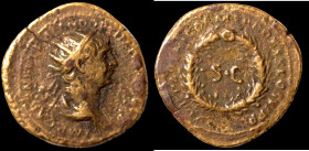 Trajan. (115-116 AD). Æ Semis. (20mm, 4,24g) Rome (for circulation in Syria). Obv: IMP CAES NER TRAIANO OPTIMO AVG GERM. radiate cuirassed bust of Tra...