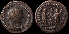 Diocletian. (285 AD). Æ Antoninian. (20mm, 3,11g) Antioch. Obv: IMP C C VAL DIOCLETIANVS P F AVG. radiate cuirassed bust of Diocletian right. Rev: CON...