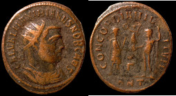 Maximianus. (286-305 AD). Æ Antoninian. (20mm, 2,46g) Antioch. Obv: IMP C M A MAXIMIANVS P F AVG. radiate cuirassed bust of Maximianus right. Rev: CON...