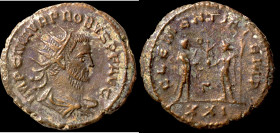 Probus. (276-282 AD). Æ Antoninian. (20mm, 2,77g) Antioch. Obv: IMP C M AVR PROBVS AVG. radiate cuirassed bust of Probus right. Rev: CLEMENTIA TEMP. P...
