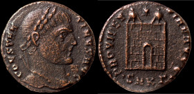 Constantinus I. (307-337 AD). Follis. (18mm, 2,28g) Antioch. Obv: CONSTANTINVS AVG. laureate bust of Constantinus right. Rev: PROVIDENTIAE AVGG. Campg...