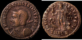 Licinius II. (317-324 AD). Follis. (18mm, 3,01g) Antioch. Obv: D N VAL LICIN LICINIVS NOB C. helmeted and cuirassed bust holding spear and shield. Rev...