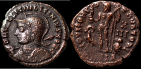 Licinius II. (317-324 AD). Follis. (18mm, 2,76g) Antioch. Obv: D N VAL LICIN LICINIVS NOB C. helmeted and cuirassed bust holding spear and shield. Rev...