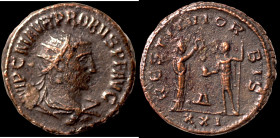 Probus. (276-282 AD). Æ Antoninian. (20mm, 4,56g) Antioch. Obv: IMP C M AVR PROBVS P F AVG. radiate cuirassed bust of Probus right. Rev: RESTITVT ORBI...