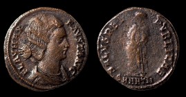 Fausta Flavia Maxima. (326-327 AD). Follis. (19mm, 2,60g) Antioch. Obv: FLAV MAX FAVSTA AVG. draped bust right. Rev: SALVS REIPVBLICAE. Spes standing ...
