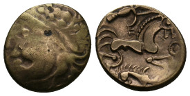 WESTERN EUROPE, Northwest Gaul. Aulerci Eburovices (3rd century BC). “AV Gold” Hemistater.
Obv: Stylized head left.
Rev: Stylized charioteer and hor...