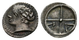 GAUL, Massalia (Circa 300-100/50 BC.) AR Obol .
Obv. Bare head of Apollo left, without sideburn
Rev. M-A, Ethnic within wheel of four spokes
Depeyr...