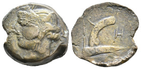 CARTHAGE, Zeugitana (Circa 241 BC.) Sardinian mint (?). AE.
Obv: Head of Tanit left
Rev: Plow left.
SNG Cop 233
Condition: VF.
Weight: 10.84 g.
...