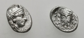 ATTICA, Athens (350-295 BC.) AR Hemidrachm.
Obv: Head of Athena right, eye in profile, wearing Corinthian helmet.
Rev: A-Θ-E anti-clockwise from top...