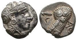ATTICA, Athens (Circa 454-404 BC). AR Tetradrachm.
Obv: Helmeted head of Athena right, with frontal eye.
Rev: AΘE.
Owl standing right, head facing;...