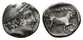 THRACE, Ainos (Circa 408-406 BC). AR Diobol.
Obv: Head of Hermes right wearing petasos.
Rev: AINI.
Goat standing right; crab below raised foreleg....