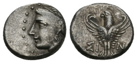 PAPHLAGONIA. Sinope. (Circa 3rd BC). AR Hemidrachm.
Obv: Female head wearing turreted crown left.
Rev: ΣΙ - ΝΩ.
Eagle facing, head left, wings disp...