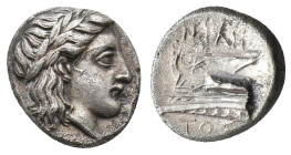 BITHYNIA, Kios (Circa 350-300 BC.) AR Hemidrachm. Miletos, magistrate.
Obv: KIA.
Laureate head of Apollo right.
Rev: MIΛH / TΟΣ.
Prow of galley le...