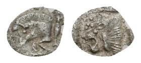 MYSIA, Kyzikos. (Circa 450-400 BC). AR Tetartemorion.
Obv: Forepart of boar left; to right, tunny upward.
Rev: Head of roaring lion left; star to up...