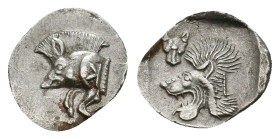 MYSIA, Kyzikos. (Circa 450-400 BC). AR Hemiobol.
Obv: Forepart of boar left; retrograde K on shoulder; to right, tunny upward.
Rev: Head of lion lef...