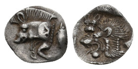 MYSIA, Kyzikos. (Circa 450-400 BC). AR Hemiobol.
Obv: Forepart of boar left; retrograde K on shoulder; to right, tunny upward.
Rev: Head of lion lef...
