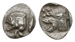 MYSIA, Kyzikos (Circa 450-400 BC). AR Hemiobol.
Obv: Forepart of boar left; to right, tunny upward.
Rev: Head of roaring lion left; star to upper le...