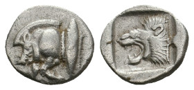 MYSIA, Kyzikos (Circa 450-400 BC). AR Diobol.
Obv: Forepart of boar left; to right, tunny upwards.
Rev: Head of lion left within incuse square.
SNG...