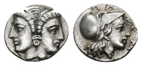 MYSIA, Lampsakos (4th-3rd centuries BC.) AR Diobol.
Obv: Janiform female head.
Rev: ΛAM.
Helmeted head of Athena right; bee to right; all within in...