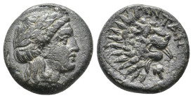 TROAS. Antandros (4th-3rd centuries BC.) AE.
Obv: Laureate head of Apollo right.
Rev: ANTANΔΡ.
Head of lion right; grape bunch above.
SNG Arikantü...