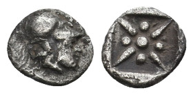TROAS, Kolone (4th century BC.) AR Obol. Reduced Chian standard.
Obv: Archaic head of Hermes to right, wearing petasos
Rev: Star within incuse squar...
