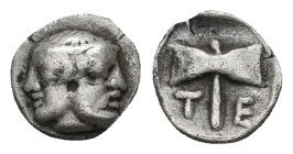 TROAS, Tenedos (Late 5th-early 4th centuries BC.) AR Obol.
Obv: Janiform head of a diademed female left and laureate male right.
Rev: T - E.
Labrys...