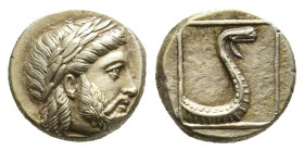 LESBOS, Mytilene (Circa 377-326 BC.) EL Hekte.
Obv: Laureate head of Zeus right; to right, serpent coiled right.
Rev: Forepart of serpent right with...