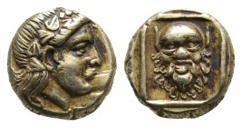 LESBOS, Mytilene (Circa 377-326 BC). El Hekte.
Obv: Head of Dionysos right, wearing ivy wreath.
Rev: Facing head of Silenos within linear square.
B...