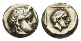 LESBOS, Mytilene (Circa 377-326 BC.) EL Hekte.
Obv: Head of Dionysos right, wearing ivy wreath.
Rev: Head of youthful male (Pan?) right, wearing tai...