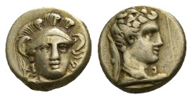 LESBOS, Mytilene (Circa 377-326 BC.) EL Hekte.
Obv: Head of Athena facing slightly right, wearing triple crested helmet. Rev: Draped bust of Hermes r...