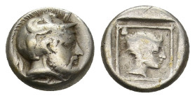 LESBOS, Mytilene (Circa 377-326 BC.) EL Hekte.
Obv: Young male head right, wearing taenia with frontal horn
Rev: Female head right, hair in sphendon...