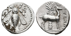 IONIA, Ephesos (Circa 202-150 BC.) AR Drachm. Artemon, magistrate.
Obv: Ε - Φ.
Bee.
Rev: APTEMΩN.
Stag standing right; palm tree behind.
SNG Cope...
