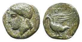 IONIA, Klazomenai (Circa 386-301 BC). AE.
Obv: Head of Apollo left.
Rev: Swan standing left, with wings spread.
Condition: Fine.
Weight: 1.05 g.
...