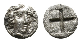 IONIA, Kolophon (Circa 500-450 BC.) AR Tetartemorion.
Obv: Head of Apollo facing slightly right.
Rev: Quadripartite incuse square.
Cf. Milne, Colop...