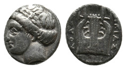 IONIA, Kolophon. (Circa 375-330 BC) AR Diobol.
Obv: Laureate head of Apollo left.
Rev: Lyre with five strings.
Milne, Colophon -; SNG von Aulock -;...